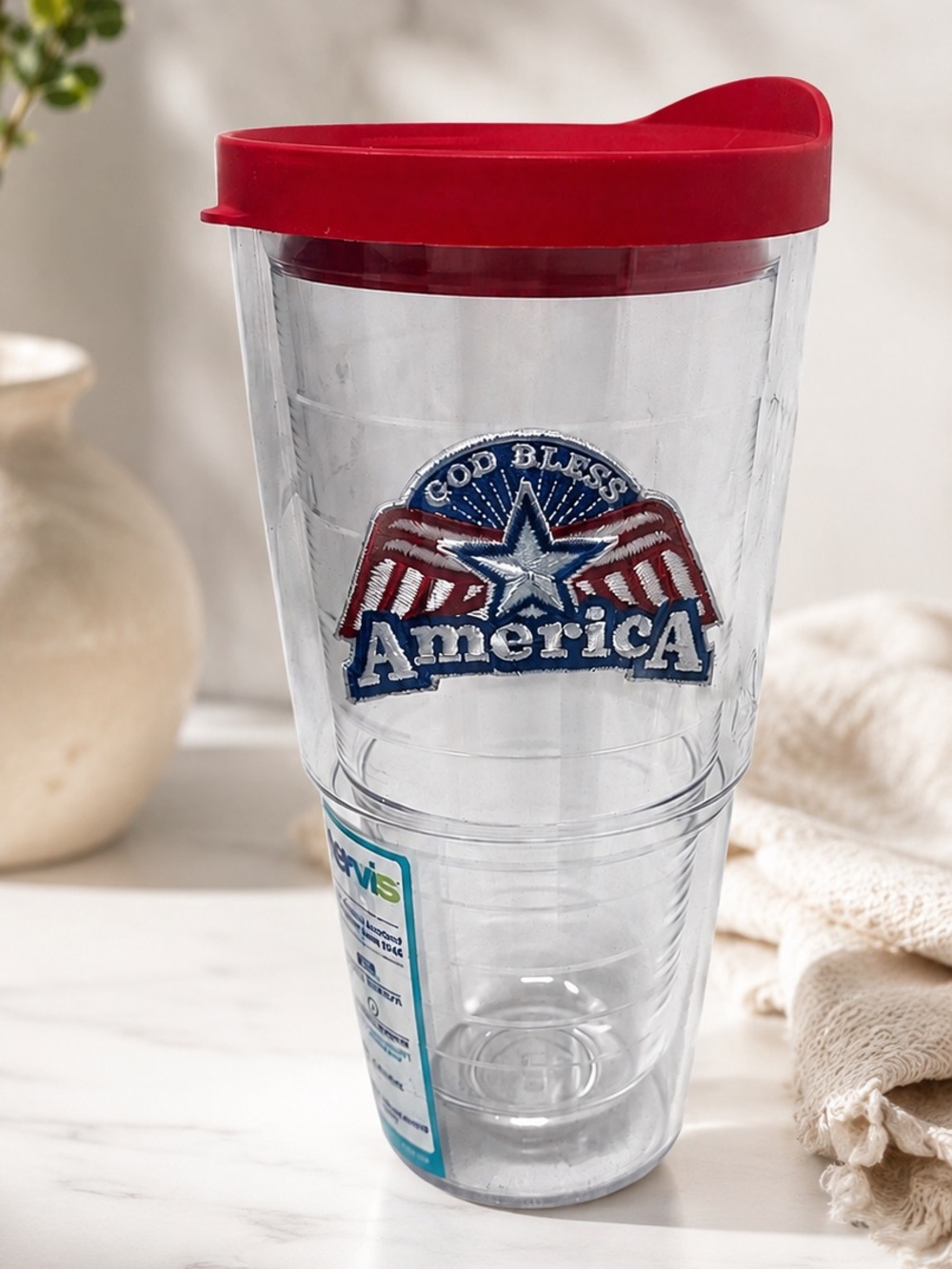 Tervis God Bless America Tumbler Cup 24oz Clear Red Patriotic USA Flag BPA Free